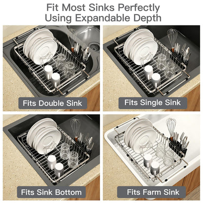 MAJALiS Dish Drying Rack Over The Sink, Expandable Stainless Steel Dish Drainer for Small Kitchen Counter Space Saving, RV Compact Plate Strainer In Silver Metal with Hanging Adjustable Utensil Holder