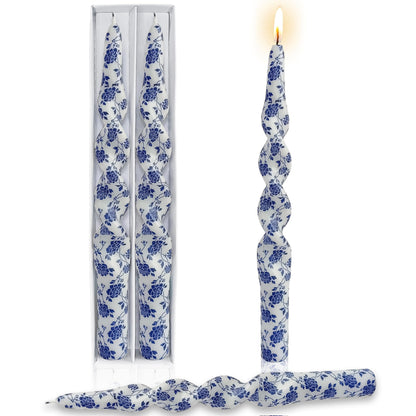 Blue Flower Printed Spiral Candles Set of 2, 10 Inch Handmade Tapered Candles, Unscented Floral Candle Stick Style Candlesticks for Wedding Home Decor Gift