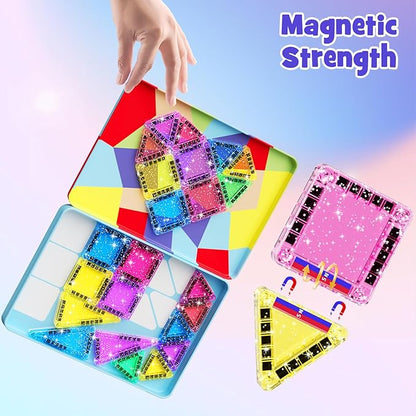 42 Pcs Mini Travel Glitter Magnetic Tiles Magnetic Block Set with Storage Box - STEM Educational Sensory Preschool Building Toy for Toddlers Ideal Kids Gifts for Ages 2 3 4 5 6