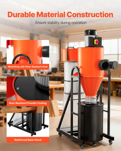 VEVOR Dust Collector, 763 CFM 1 Micron Cyclone Dust Collector, 1.5HP Dusts Collection System with 12.5-Gallon Dust Collector Bag & Base Stand, Smart Cyclone Separation, Dusts Separator for Woodworking