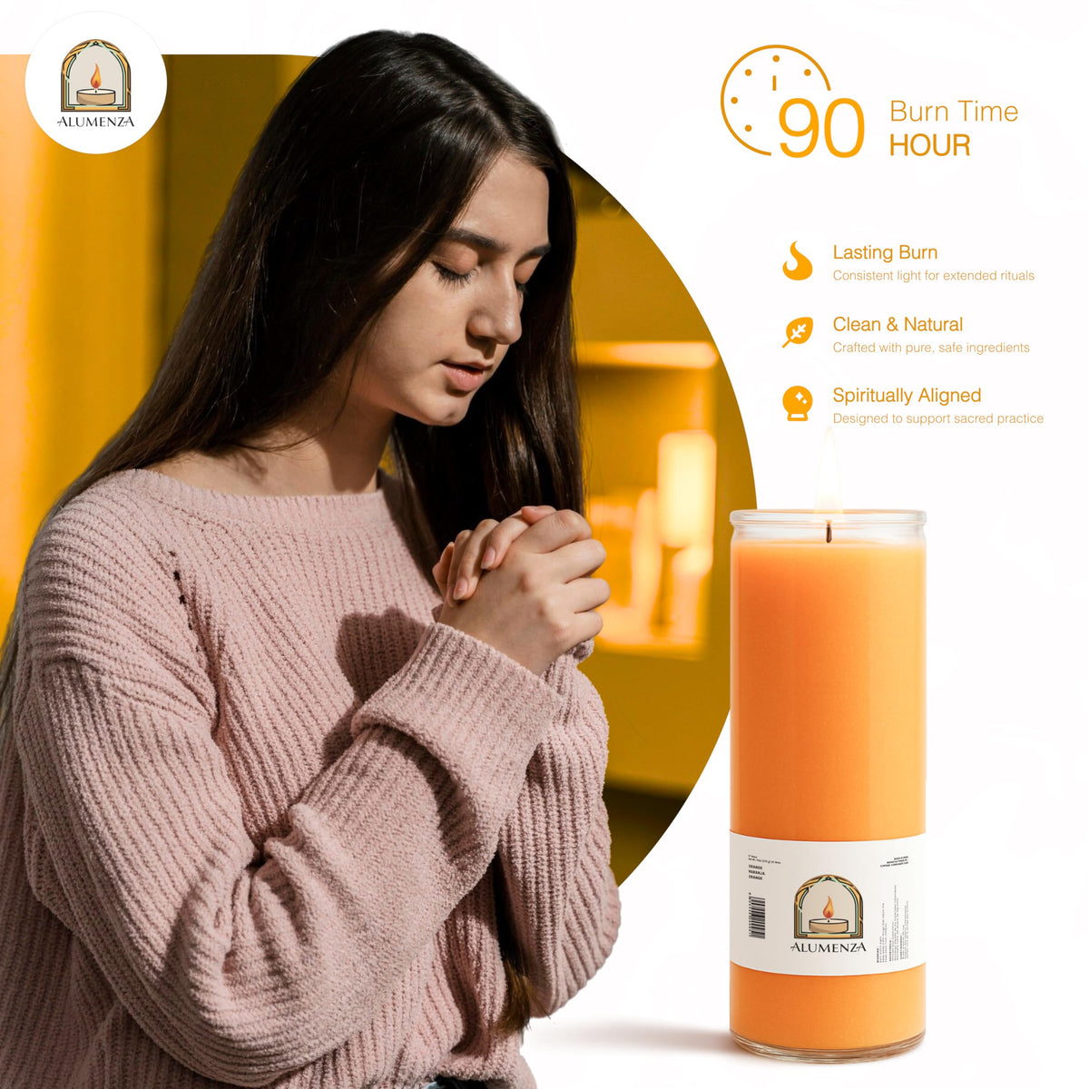 Alumenza 3 Pack Orange 7 Day Candles in Glass Jar – Paraffin Wax, Clean Burning Unscented | Large & Tall Devotional Prayer Pillar Candles for Home, Memorial, Spells, Long Lasting