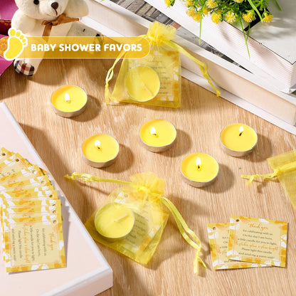 50 Sets Baby Shower Party Favors Including 50 Pcs Unscented Tealight Baby Shower Candles Gift Bags Cards for Gender Reveal Party Supplies(Yellow)