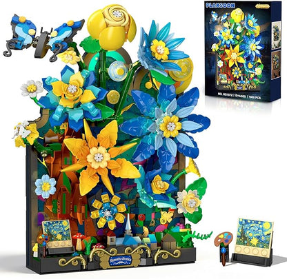 Starry Night Flower Wall Building Set with Lights Botanical Collection Famous Painting Artwork Building Block with Butterfly 1008 PCS Home Wall Decor for Adults Girls 10+