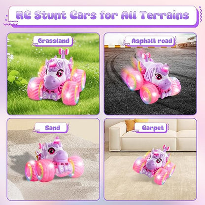 Remote Control Car Unicorn Monster Trucks for Girls 360° Rotating 4WD Stunt RC Cars with LED Lights and Music 2.4GHz Toy Various Terrain Pink RC Cars Birthday Gifts for Kids Girl Age 3-12 (LY-023)