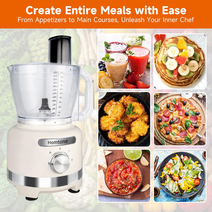 Homtone 16 Cup Food Processor Large, 9-in-1 Vegetable Chopper with 7 Blades for Shredding, Slicing, French Fry Cutting, Meat Grinding, Dough Kneading & Emulsifying, 3 Speeds, Dishwasher Safe, White