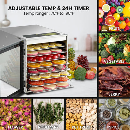Cercker Food-Dehydrator Machine 8 Stainless Steel Trays, 500W Jerky Dehydrator for Meat, 190ºF Mushroom Dryer, 24H Timer Fruits Dryer for Herbs, Veggies, Yogurt & Dog Treats