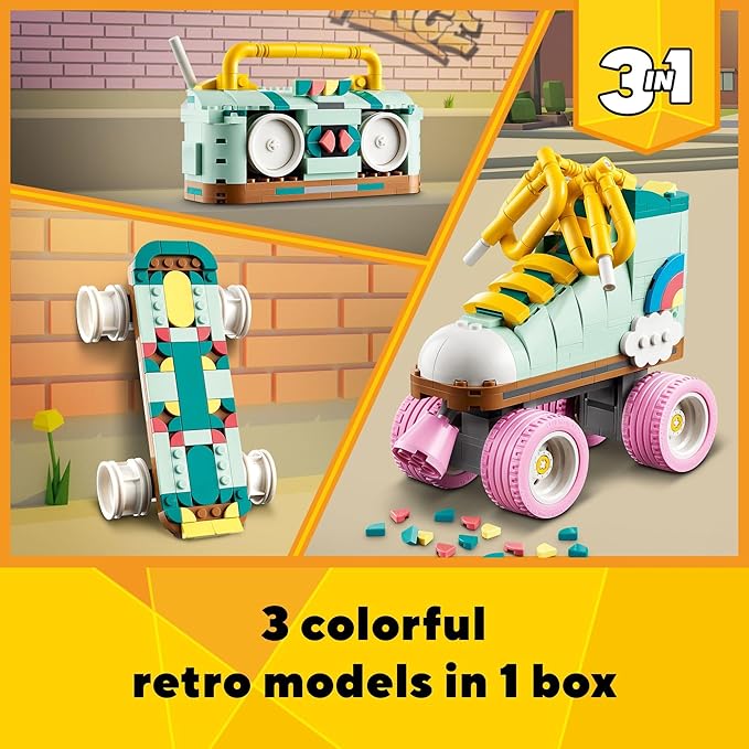 LEGO Creator 3 in 1 Retro Roller Skate Building Kit Transforms from Roller Skate Toy to Mini Skateboard to Boom Box Radio Birthday Gift for Skaters Cool Toy for Boys and Girls Ages 8 and Up 31148