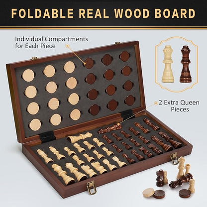 2 in 1 Magnetic Chess Set &amp Checkers Board Game 15 Wooden Folding Chess Board with 2 Extra Queens Portable Travel Chess Set with Pieces Storage Slots Beginner Chess Board Game for Adults &amp