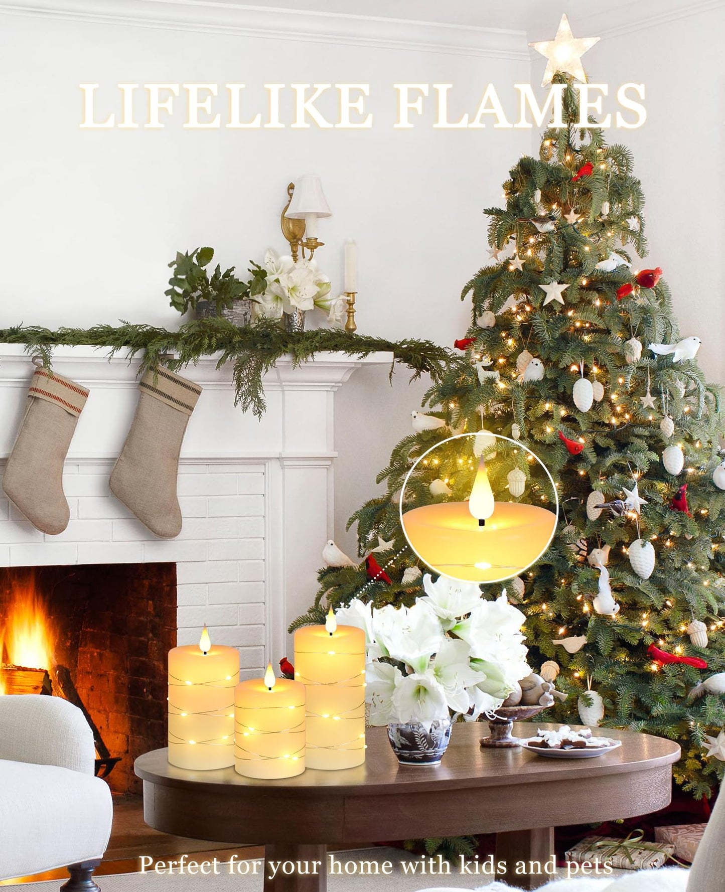 Da by 3 Pack Ivory Real Wax Flameless Taper Candles, Lifelike Flickering LED Flame Candles with Surrounding Fairy String Lights, Soft Warm Battery Candles with Remote for Home Wedding Holiday Decor