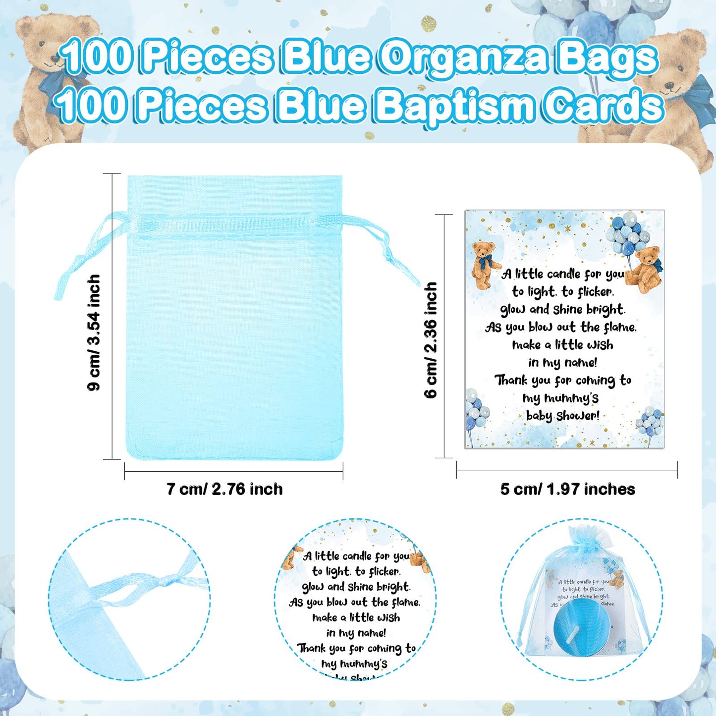 Amyhill 100 Set Bear Baby Shower Party Favors Gift Includes Unscented Blue Tealight Candles Gender Neutral Gift Candles Baby Shower Cards and Organza Bags for Guests Friend Gender Reveal Party