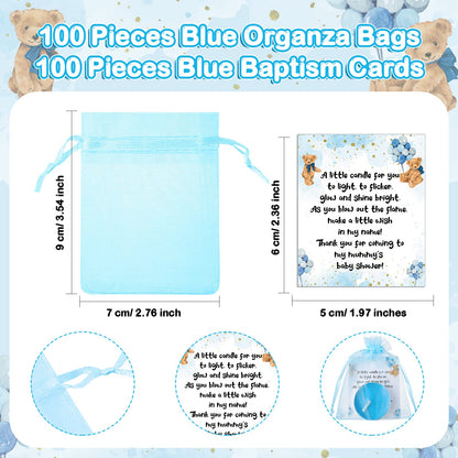 Amyhill 100 Set Bear Baby Shower Party Favors Gift Includes Unscented Blue Tealight Candles Gender Neutral Gift Candles Baby Shower Cards and Organza Bags for Guests Friend Gender Reveal Party