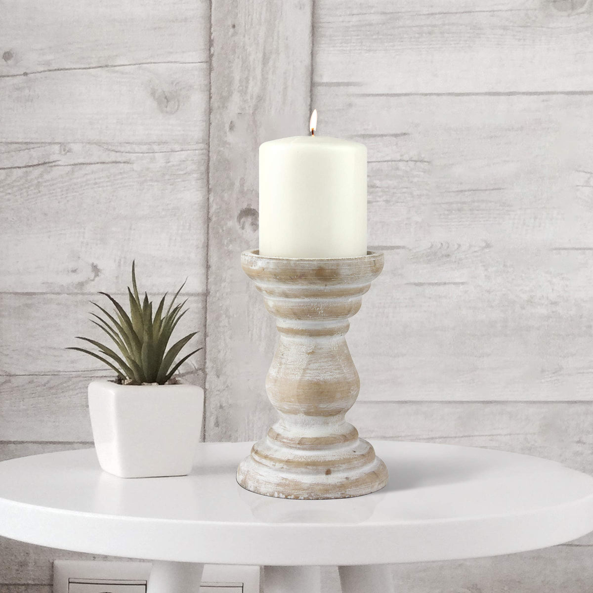 Stonebriar Antique White Wooden Pillar Candle Holder, Vintage Seaside Pillar Stand for Dining Table Centerpiece, Coffee Table, Mantel, Or Any Table Top, Medium
