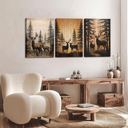 3Pcs Forest Elk Canvas Wall Art Country Farmhouse Wall Decor Picture Woodland Animal Poster Print for Living Room Bedroom Farmhouse Ranch Home Decor Ready to Hang