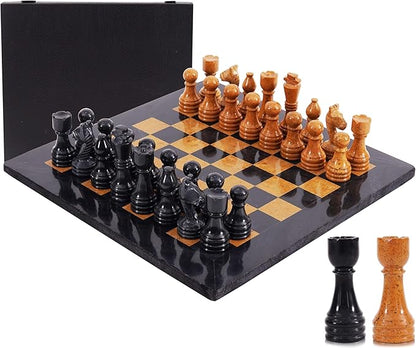 Marble Chess Set for Adults 15 Handmade Black &amp Golden Board Game with 32 Chess Pieces 2 Extra Queens &amp Storage Box Luxury Travel Game – Elegant Home Décor