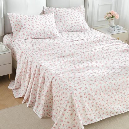MUXHOMO Queen Size 4 Piece Sheet Set, Soft Breathable Bed Sheet Set for Bedroom with Deep Pocket Up to 16", Wrinkle-Free & Cooling Bedding for Oeko-TEX Certified - Blossoms Pink
