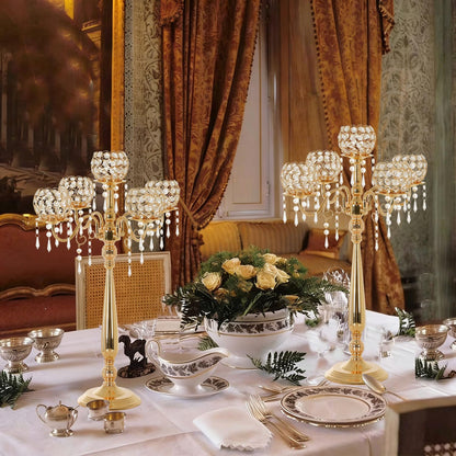 4 Packs 5 Arms Crystal Candelabra for Wedding Centerpiece, Gold Floor Candle Holder Set with Chandelier Crystal Beaded Anniversary Dinner Party Table Decor candelabros de mesa Elegantes Palace Themed