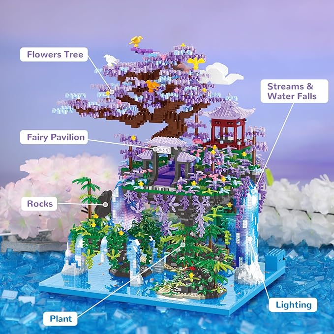 Chinese Moon Palace Pavilion Building Blocks Set - Micro Miniature Bonsai Tree House with String Lights and Flowers for Adults Teens 14+ (4574 Pieces)
