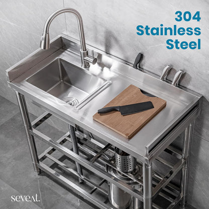 Seveat Freestanding Stainless Steel Utility Sink with Pull-Out Faucet | Laundry Tub with Bottom Shelf | Heavy-Duty for Garage, Basement, Mudroom, Workshop & Outdoor Use (Silver)