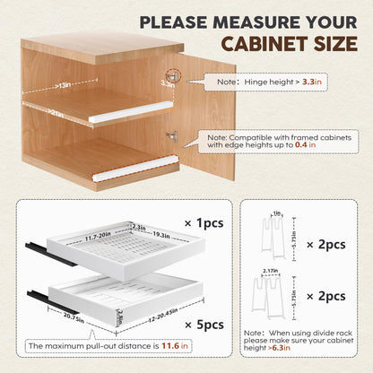 Seinloes 6 Pack Pull Out Cabinet Organizers 21" Deep With Raising Pad for Framed Cabinets, Expandable Slide Out Drawers with 4pcs Divider Racks, Roll Out Shelves, Adjustable Width 12"-20.45" White