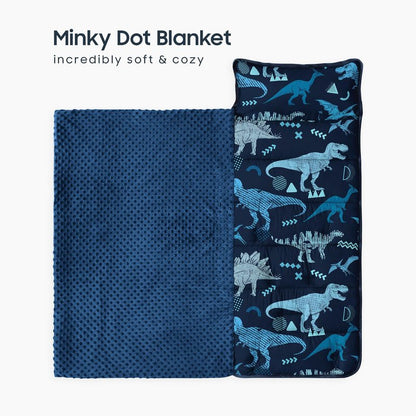 Wake In Cloud - Toddler Nap Mat with Pillow and Minky Fleece Blanket, for Kids Boys in Daycare Preschool Kindergarten, Roll Up Sleeping Bag, Jurassic Dinosaur World Sketch, Navy Blue, Standard