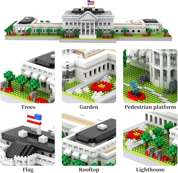 White House Micro Building Blocks Set 3000 Pieces Panoramic Architecture Model Kit (Includes West &amp East Wings) Expert Mini Bricks Puzzle for Adults Washington DC Landmark Souvenir Gift