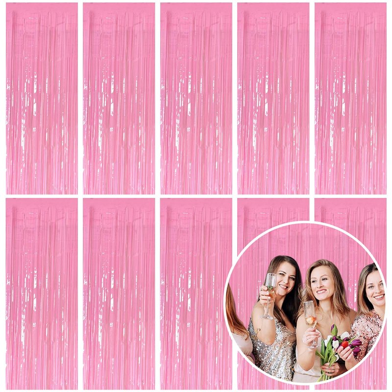 10 Pack Foil Curtain Pink Backdrop Streamers Metallic Tinsel Fringe Curtains Photo Booth Props for Birthday Wedding Engagement Bachelorette Christmas Holiday Celebration Party Decorations
