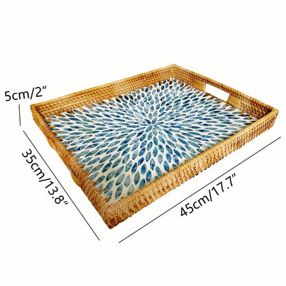 i-lan 18inch Rectangle Rattan Woven and Blue Mother of Pearl Dining Room Table Serving Tray Display Basket with Cutout Handles,Living Room Boho Wicker and MOP Coffee Table Serving Tray Décor