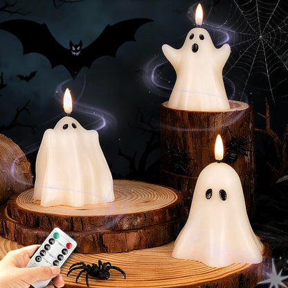 JOIONE Halloween Flameless Candles with Remote, 3D Flickering Flame Real Wax LED Battery Operated Candles, Cute Ghost Halloween Candle for Party and Home Decorations, Set of 3