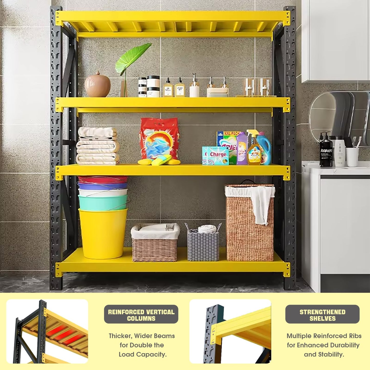 5000lbs Load Capacity,Heavy Duty 4-Tier Steel Shelving Unit, Adjustable Industrial Storage Rack for Garage Warehouse Workshop(Yellow and Black, W78.74*D23.62*H78.74)