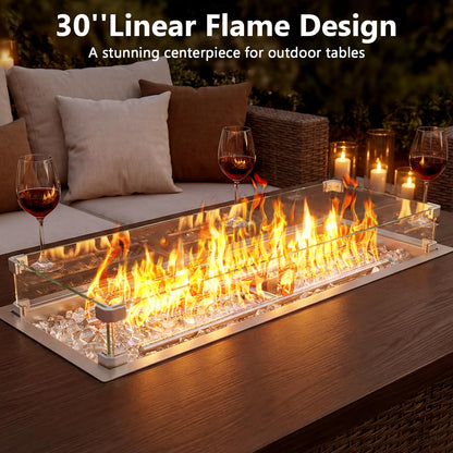 GRISUN Upgraded 30" x 10" Drop-in Fire Pit Kit with Glass Wind Guard & Lid, Linear Fire Pit Burner Pan, Stainless Steel Fire Pit Insert with Spark Ignition