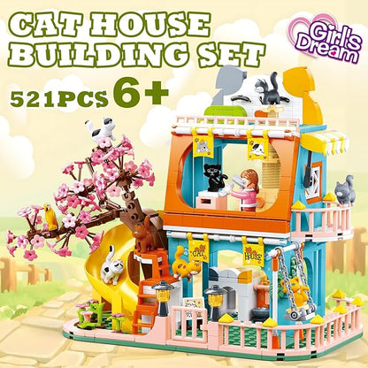 Cat House Building Set Animal Playground Crossing Toy with 8 Cats and a Doll Minifigures Compatible with Lego Friends Pet Sets Easter Gift Idea for Girls Kids Aged 6-12