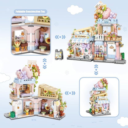 Street View Flower House Shop Mini Building Blocks MOC Creative Building Toys Cute Panda Building Set for Girls 6-12 Simulation Architecture Construction Toy Gift Idea for Kids Adults (854 PCS)