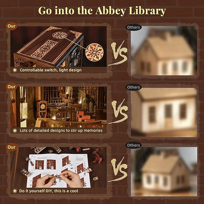 DIY Book Nook Kit - 3D Miniature Wooden Scene with LED Lights Dustcover &amp Tools for Shelf Decor (Abbey Library)