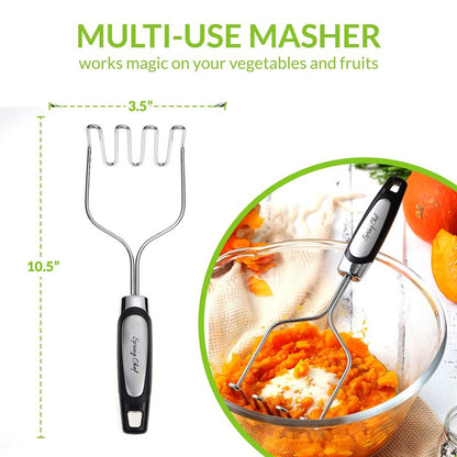 Spring Chef Stainless Steel Premium Vegetable Peeler with Potato Masher, Soft Grip Handle Metal Food Peeler and Masher for Fruit & Vegetables