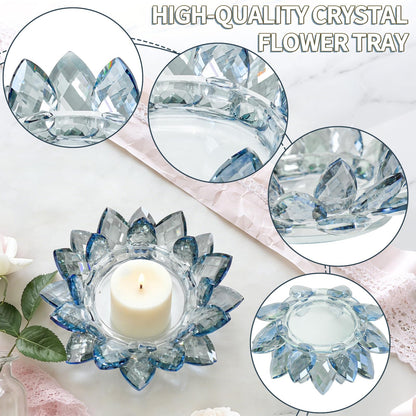 Kolnlala Large Crystal Lotus Tealight Candle Holder for Up to 6" Diameter Pillar Candlestick, Chunky Glass Votive Stand for Wedding, Party, Table Centerpiece Decor and Yoga Meditation (1, Blue)