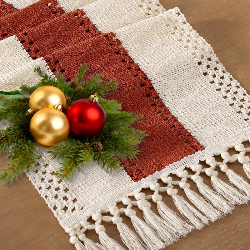 Socomi Boho Table Runner Summer Farmhouse Rustic Dining Kitchen Small Macrame Woven Cotton Linen Coffee Table Runner for Dresser Scarf Home Decor 12x60 inch Terracotta Ivory