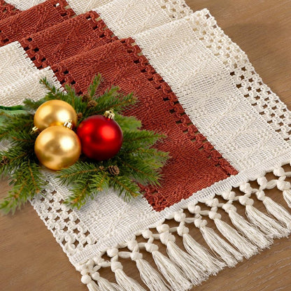 Socomi Boho Table Runner Summer Farmhouse Rustic Dining Kitchen Small Macrame Woven Cotton Linen Coffee Table Runner for Dresser Scarf Home Decor 12x60 inch Terracotta Ivory