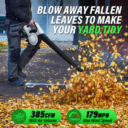 Cordless Leaf Blower & Vacuum SOYUS 3-in-1, Leaf Vacuum Mulcher 385CFM with Brushless Motor & 5 Speed Control, Electric Leaf Blower for Lawn Care, Included 45L Bag 2 x 20V 4.0Ah Battery and Charger