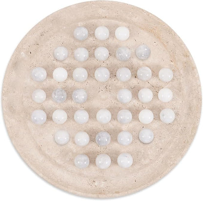 Marble Solitaire Board Game 10 Travertine Mind Game with 42 White Marble Balls Classic Puzzle Game for Family Modern Tabletop Brain Teaser