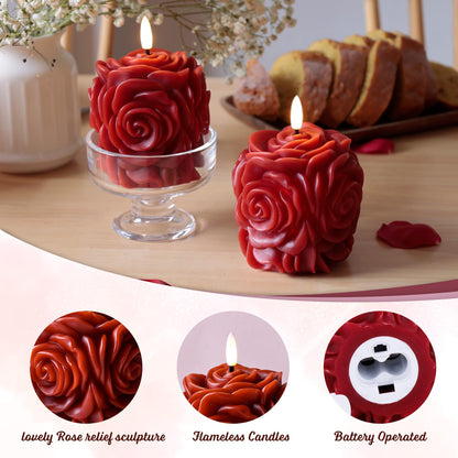 JOIONE Valentines Day Flameless LED Candles, Rose Shaped 3D Flickering Flame Battery Operated Candle with Remote, Romantic Candles for Date Night, Valentine's Day, Wedding and Home Décor, Red