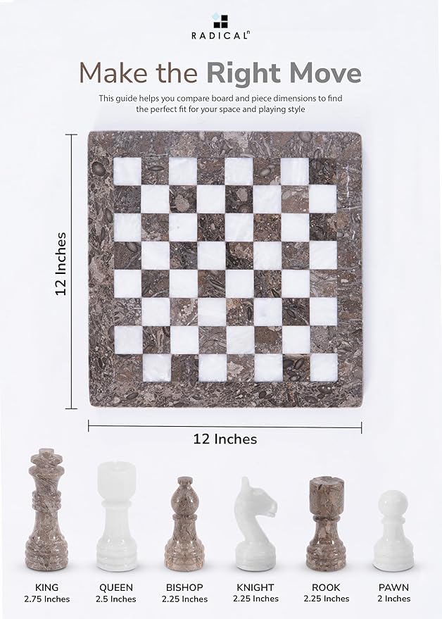 Radicaln Marble Chess Set 12 Inches Grey Oceanic and White Handmade Classic Strategy Board Game Ideal Chess Board &amp 32 Pieces for Adults
