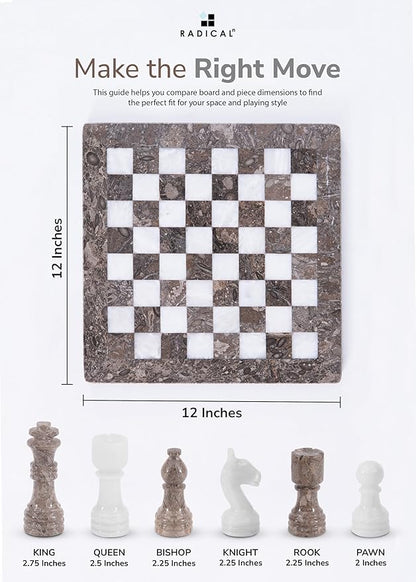 Radicaln Marble Chess Set 12 Inches Grey Oceanic and White Handmade Classic Strategy Board Game Ideal Chess Board &amp 32 Pieces for Adults