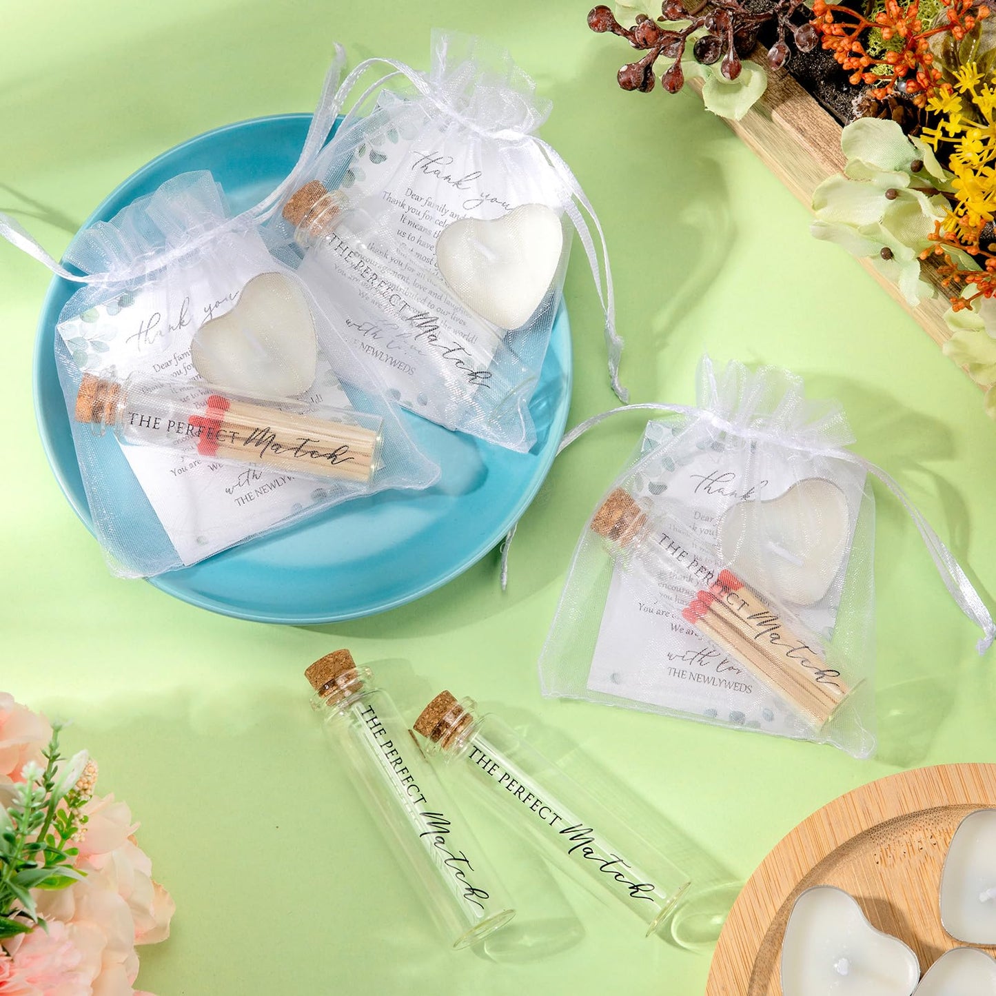 Wovnet 100 Sets Wedding Party Favors for Guests Bulk Including Mini Heart Shaped Candles and Empty Matches Jars with Cork Top Thank You Cards and Organza Bags for Wedding Bridal Shower Party Souvenir