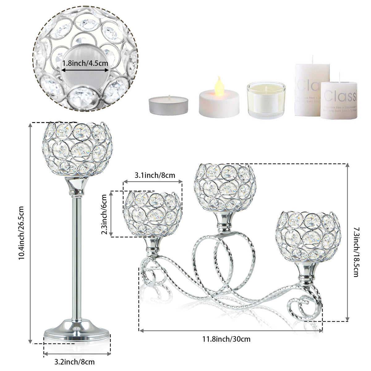 Silver 5 Arm Metal Crystal Tea Light Candle Holder, Elegant Wedding Table Centerpiece Candle Holder, Christmas Wishing Crystal Bowl Candle Holder Suitable for Wedding Party Living Room Decoration