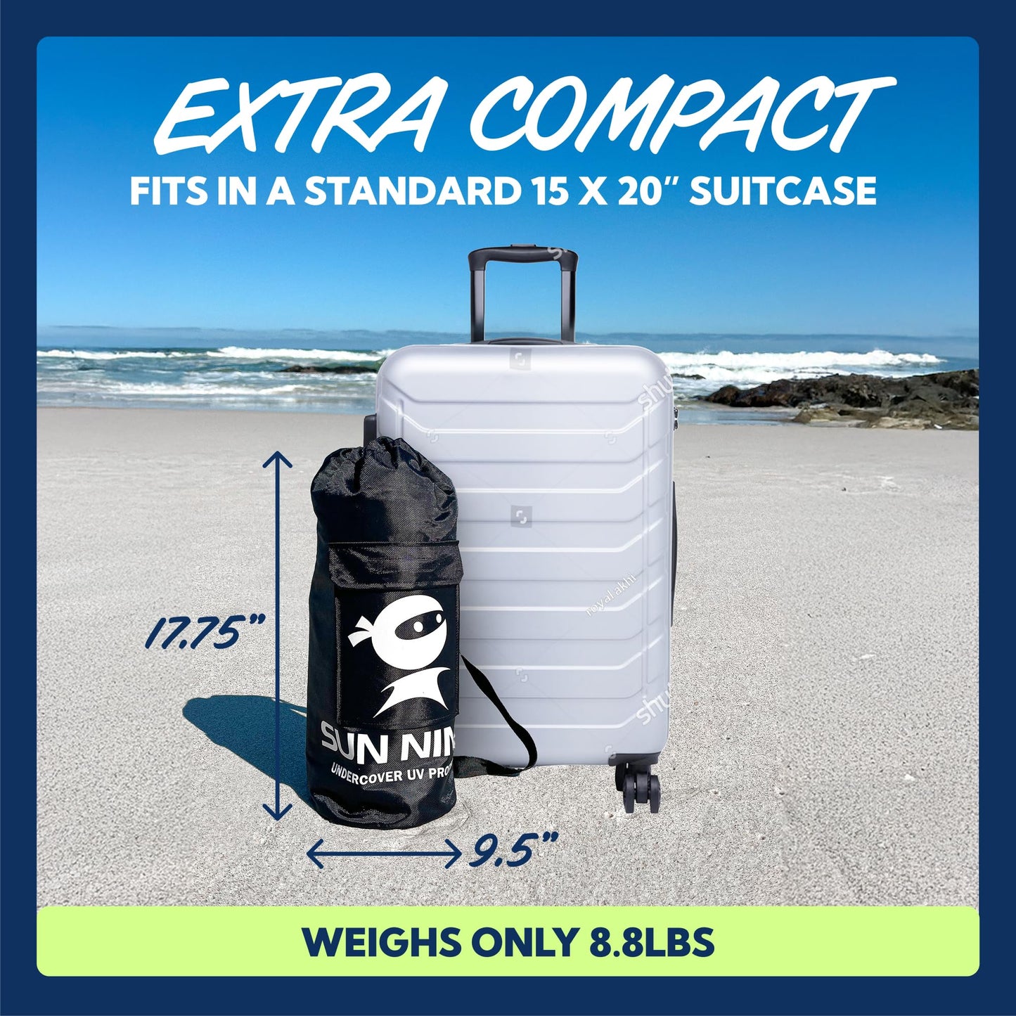 SUN NINJA Beach Tent Sun Shelter UPF50+ - Easy Pop Up Beach Canopy - Outdoor Shade for Camping Trips, Fishing, Backyard Fun Picnics - Sand Shovel, Ground Pegs & Stability Poles