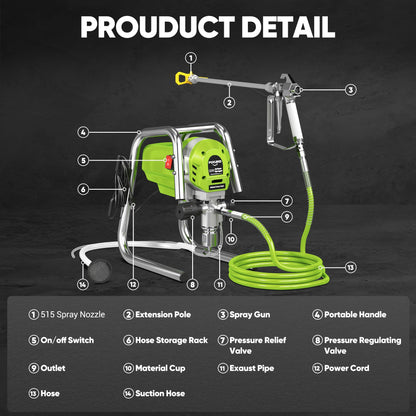 1200W Airless Paint Sprayer, 3300PSI High Efficiency Paint Sprayer Gun, Thinning-Free, with Extension Rod, Stand Airless Sprayer for Home Interior & House Exterior, Green
