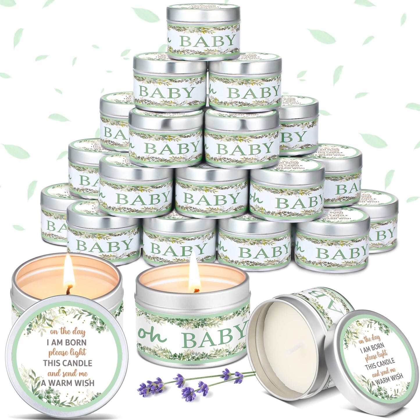 MTLEE 24 Pcs Eucalyptus Baby Shower Party Favors Candles Lavender Scented Baby Shower Favors for Guests Rustic Tealights Candles Gender Reveal Return Gifts (1.2 Oz, Sage Green)