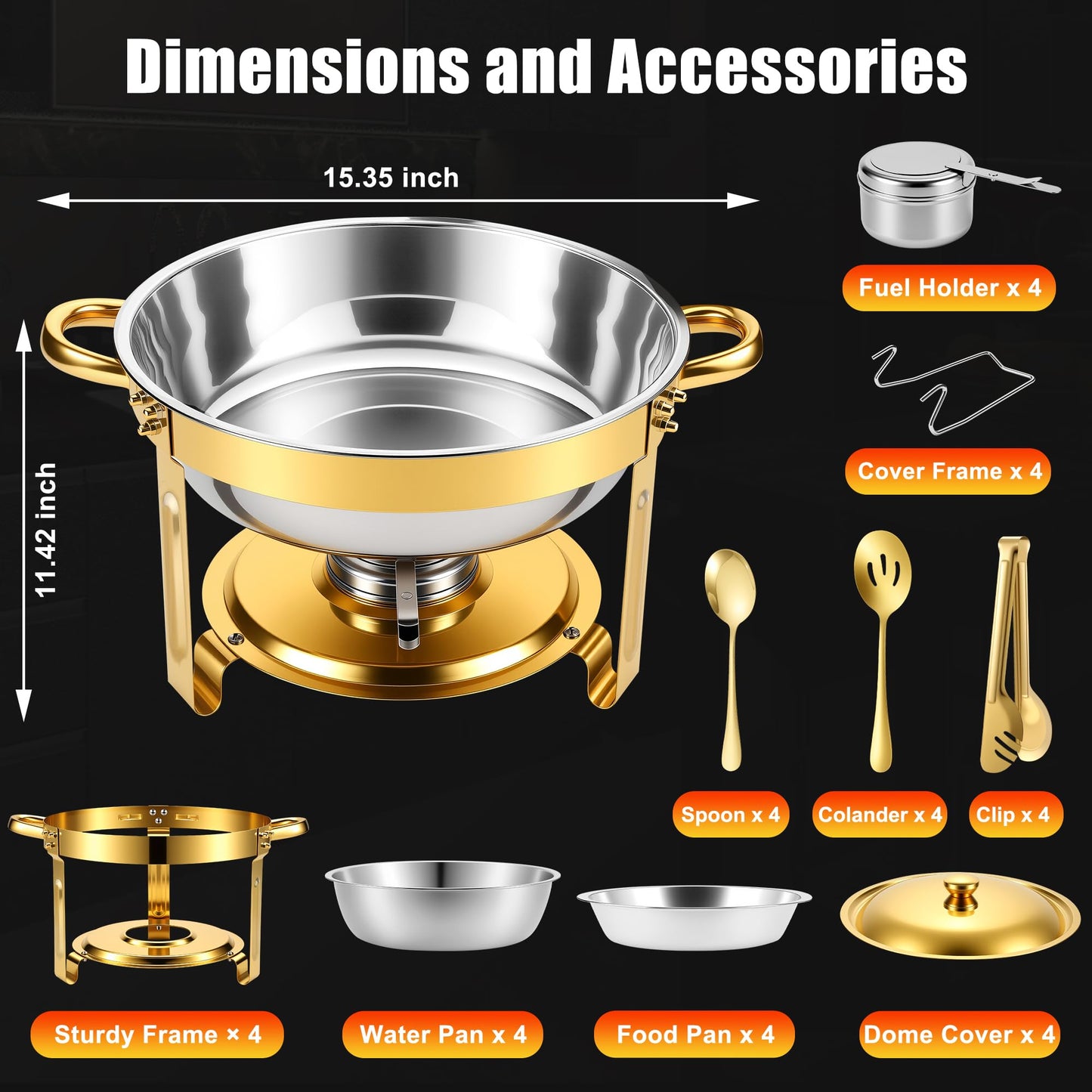 Chafing Dishes Buffet Food Warmer - Parties Servers Trays Catering Dish Warming Display Set - Chafers Keep Warm Serving Tray Round Heating Kit with Burners 4 Set Gold