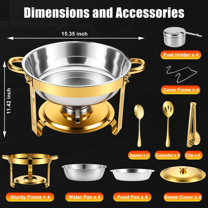 Chafing Dishes Buffet Food Warmer - Parties Servers Trays Catering Dish Warming Display Set - Chafers Keep Warm Serving Tray Round Heating Kit with Burners 4 Set Gold