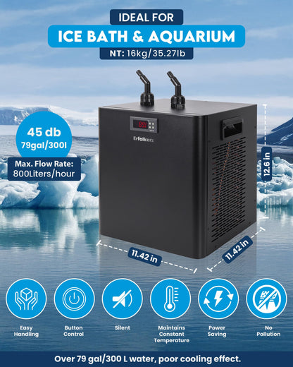 Erfolkerz 1/3 HP Cold Plunge Chiller,79gal 300L,Water Chiller for Ice Bath,Water Cooler with Complete Chiller Kit - 2 Ice Bath Chiller Pumps,Filter,Nozzles & Hoops,Hoses